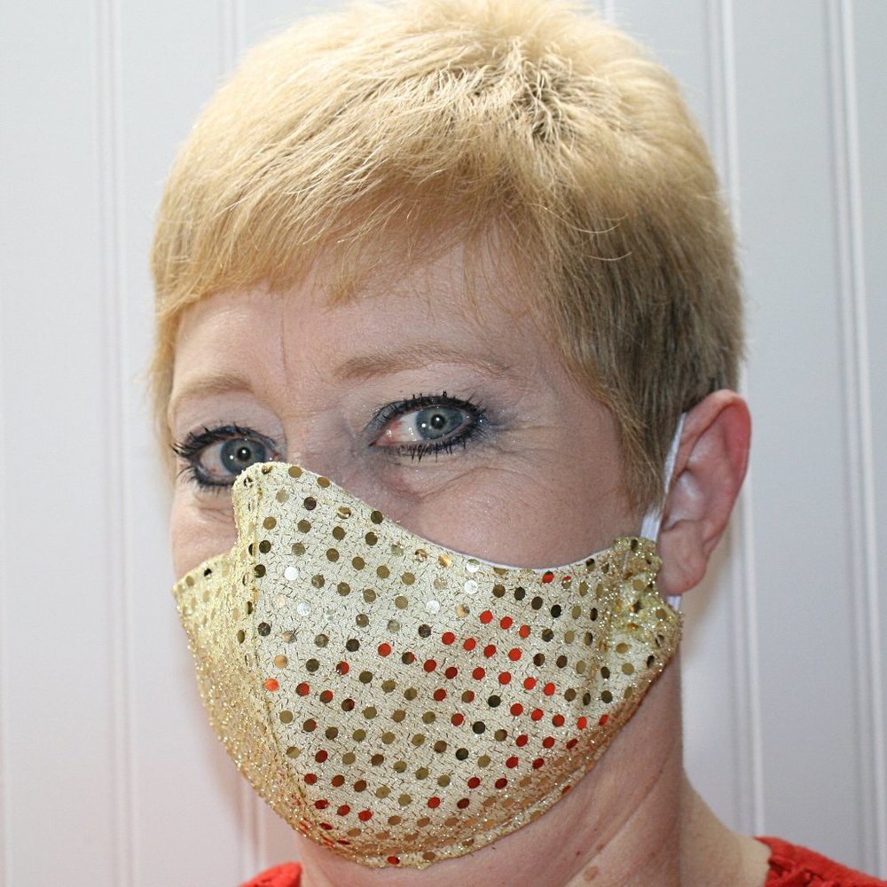 HAND CRAFTED Face Mask Gold Confetti Dot Sequin - Adult - Shield Style